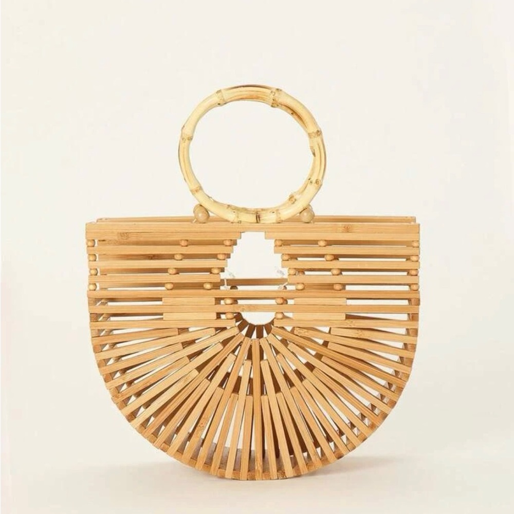 Hollow out straw bag semi circle beige medium beach bag